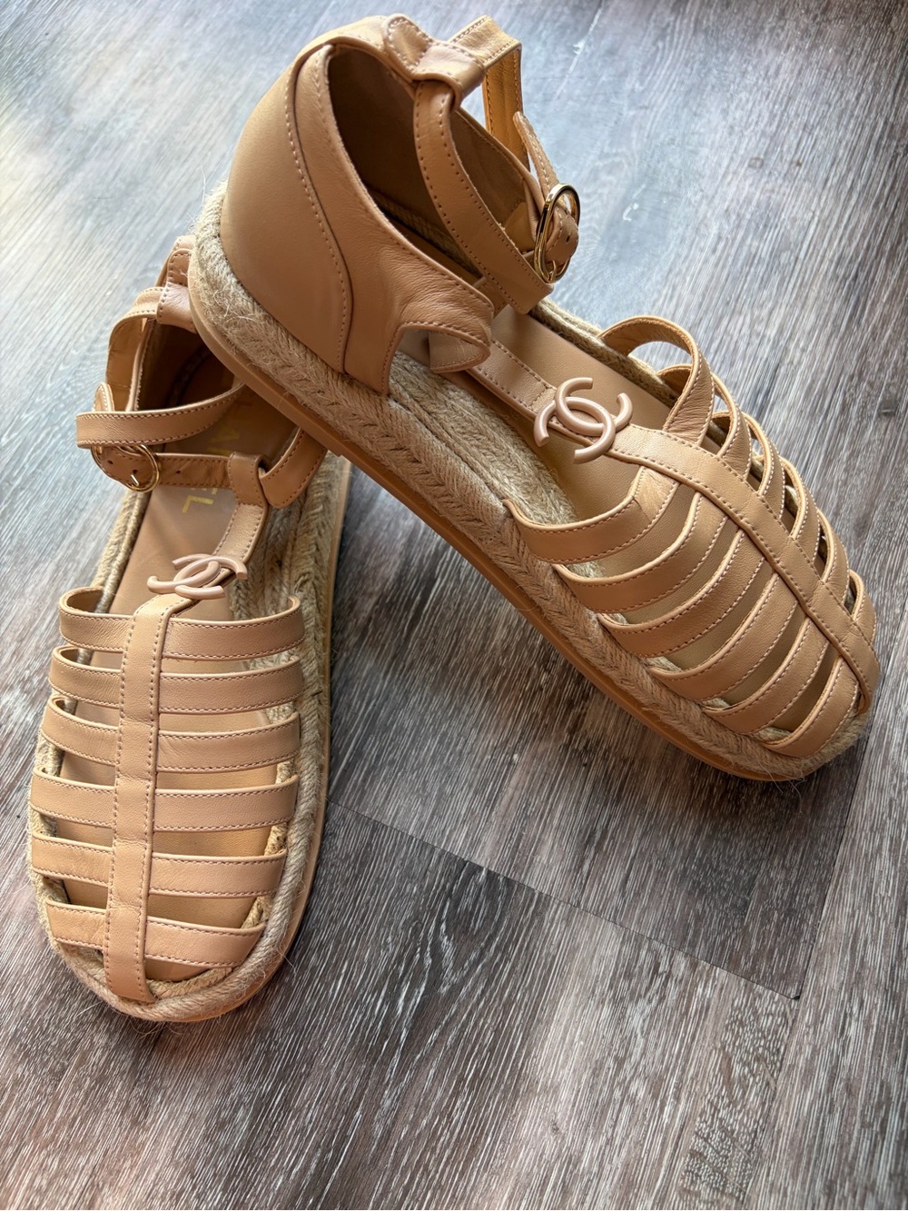 CHANEL Tan Leather Strappy Espadrille Sandals with CC Emblem